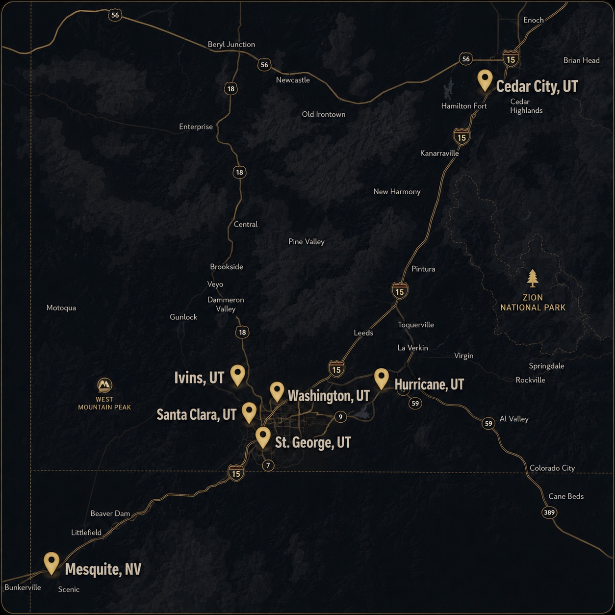 Map of the Imperial Window Services service area across Southern Utah: St. George, Washington, Hurricane, Santa Clara, Ivins, Cedar City, Mesquite
