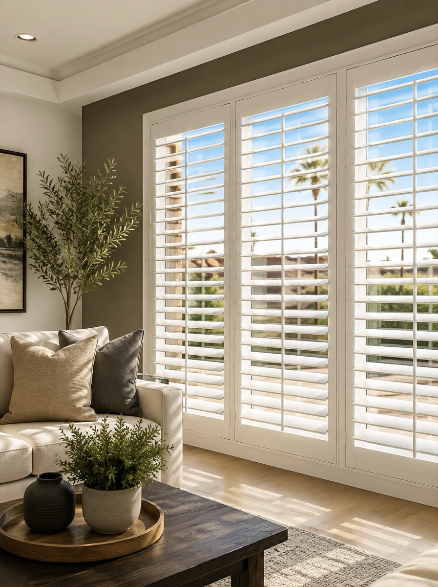 White plantation shutters framing a desert view in a styled living room